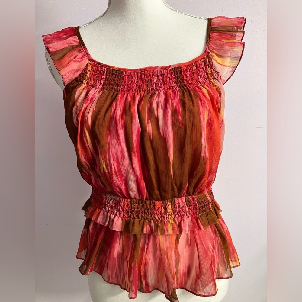 Women’s Peasant/Boho/Festival Top, Medium, Pinks/Browns, Smocked Waist